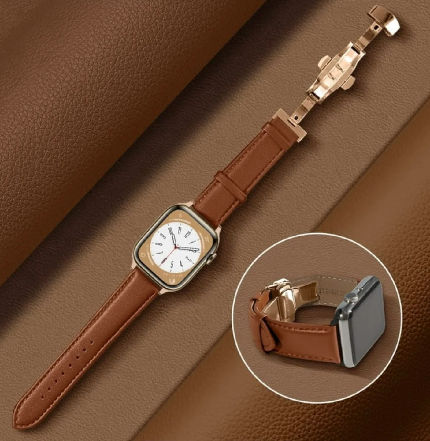 Apple Watch Band - Brown Leather, Gold Clasp image indicator(3)