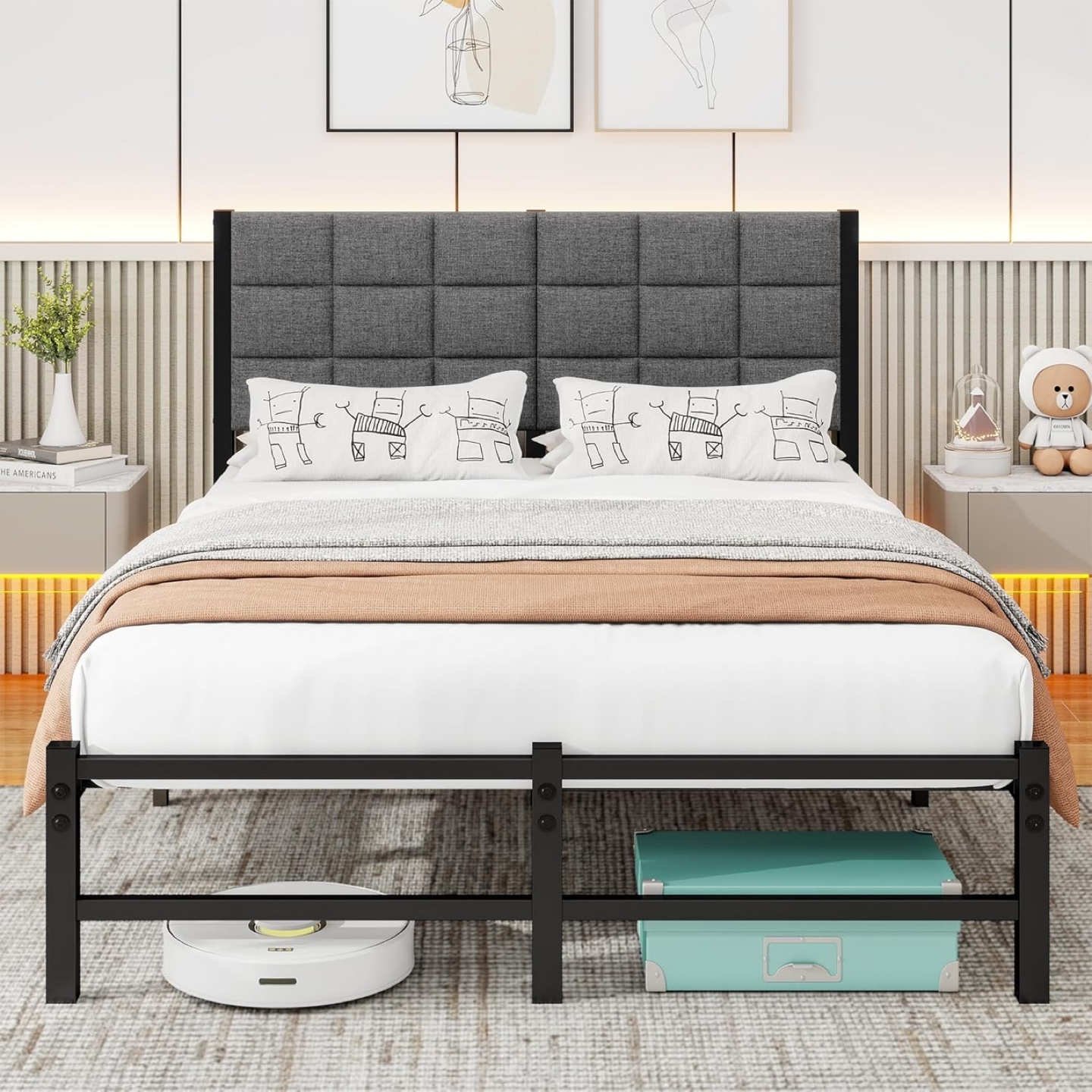 Double bed frame with grey upholstered headboard - Brand New - photo 2