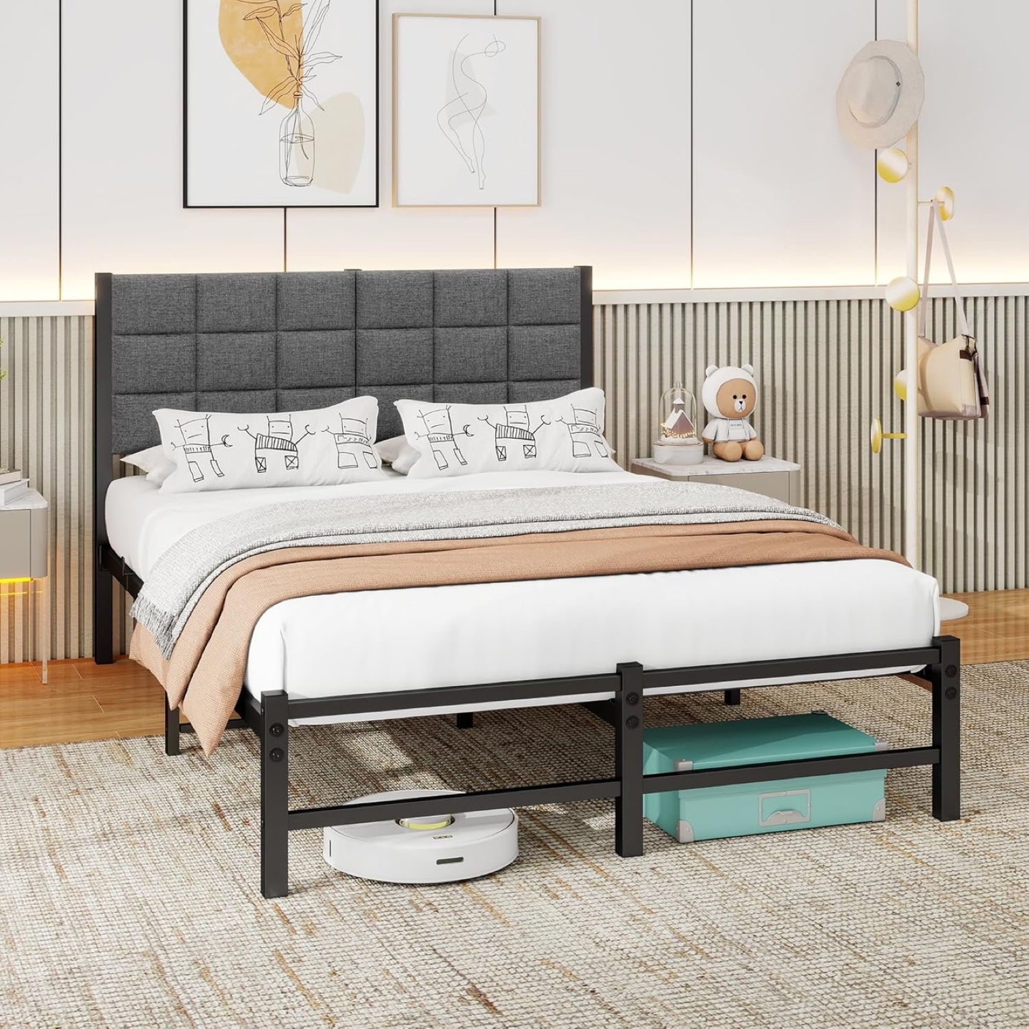Double bed frame with grey upholstered headboard - Brand New - photo 3
