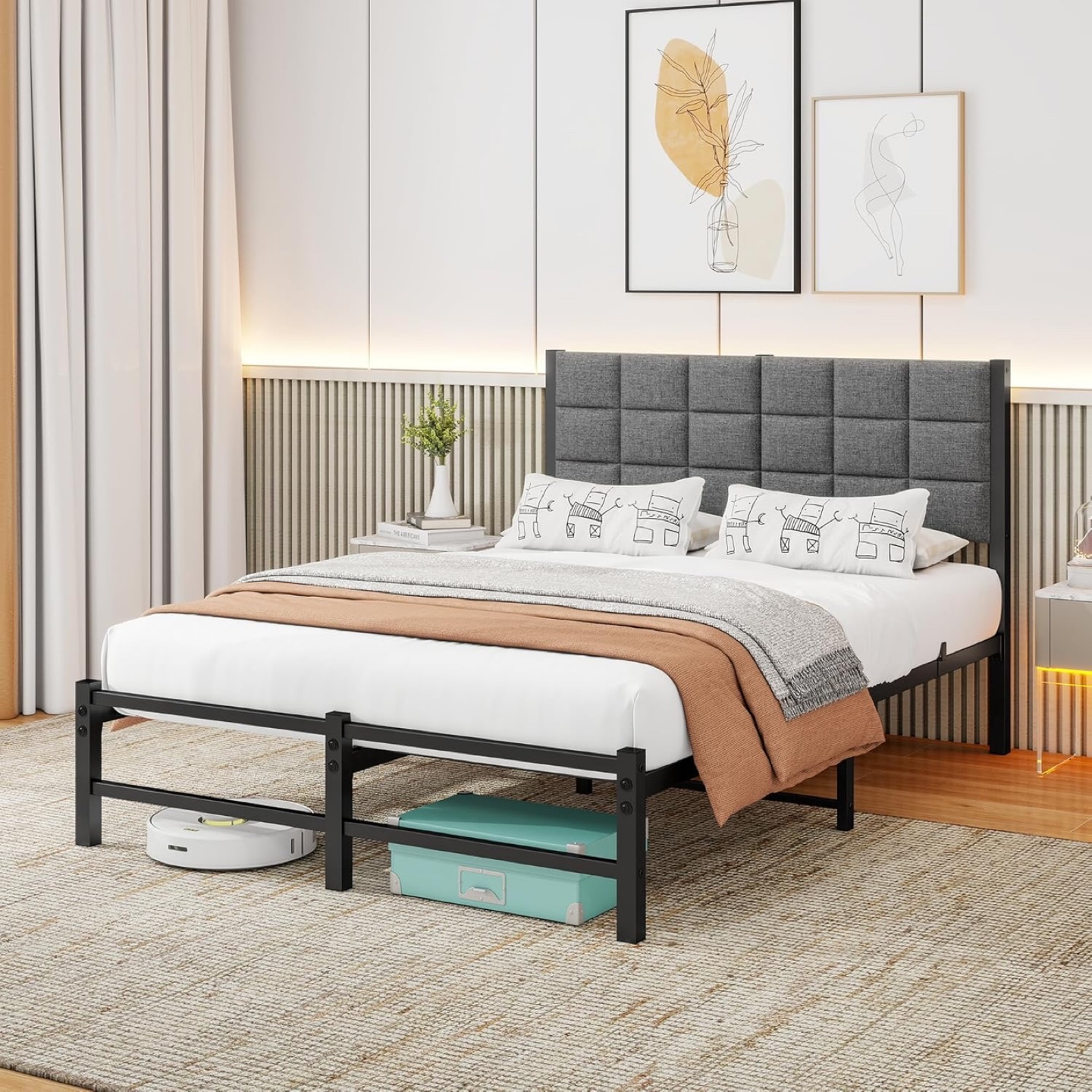 Double bed frame with grey upholstered headboard - Brand New