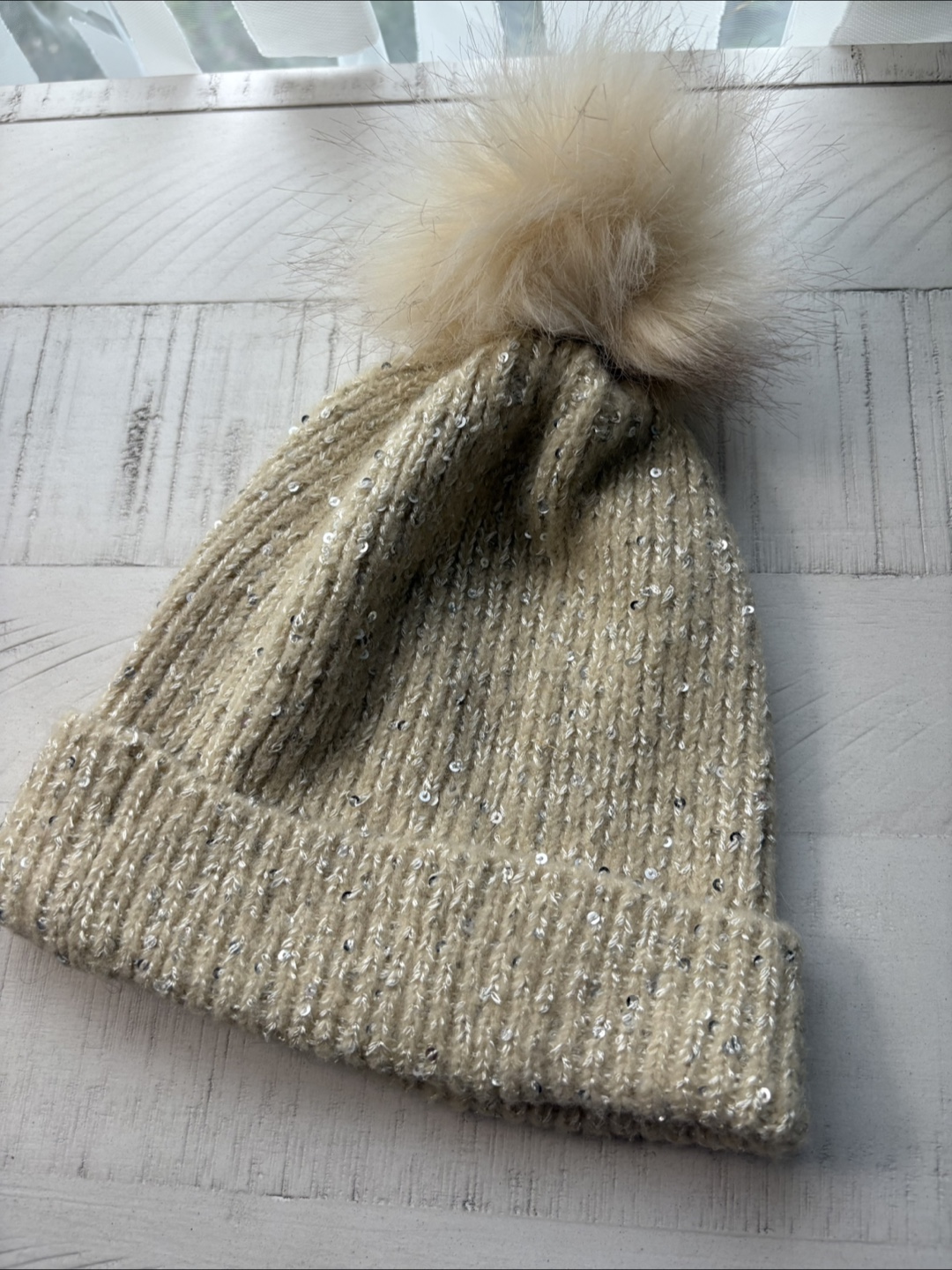 Beige Knit Beanie with Pom Pom
