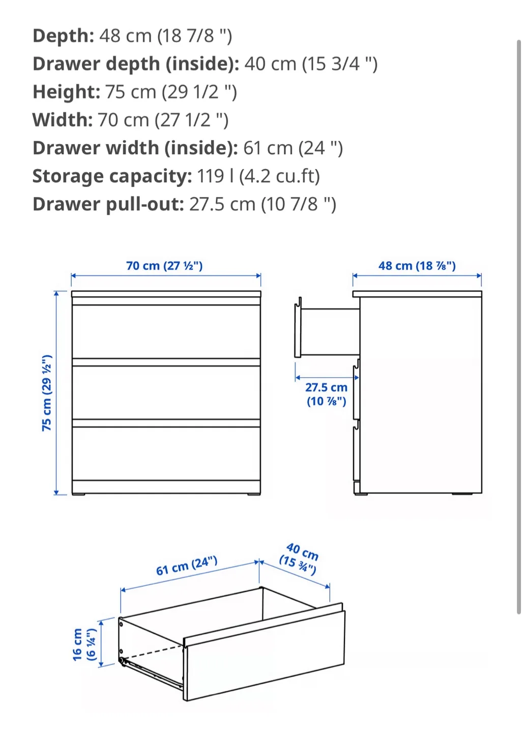 IKEA MALM 3-Drawer Chest - White image indicator(2)