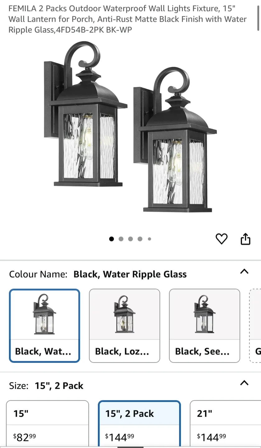 FEMILA 2-Pack Outdoor Wall Lights - Black, Water Ripple Glass thumbnail