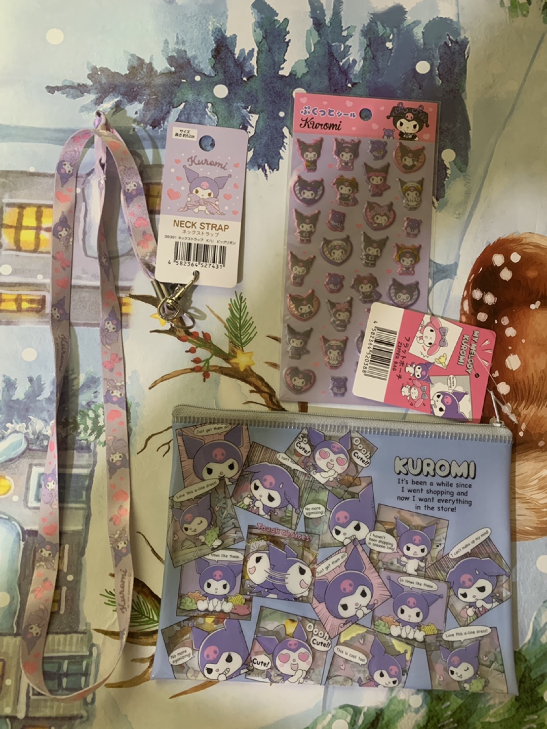 Kuromi Bundle: Stickers, Neck Strap, and Zipper Bag