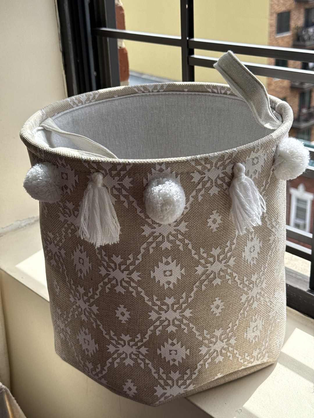 Patterned Laundry Basket with Pom Poms