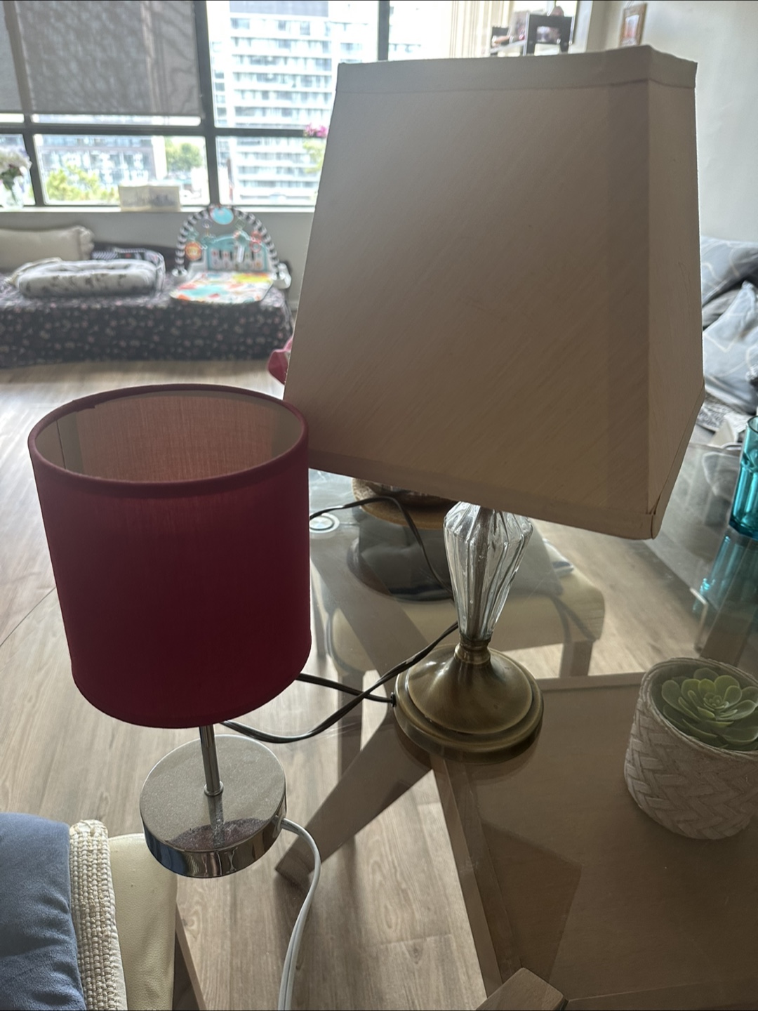 Two Table Lamps - Red & Beige