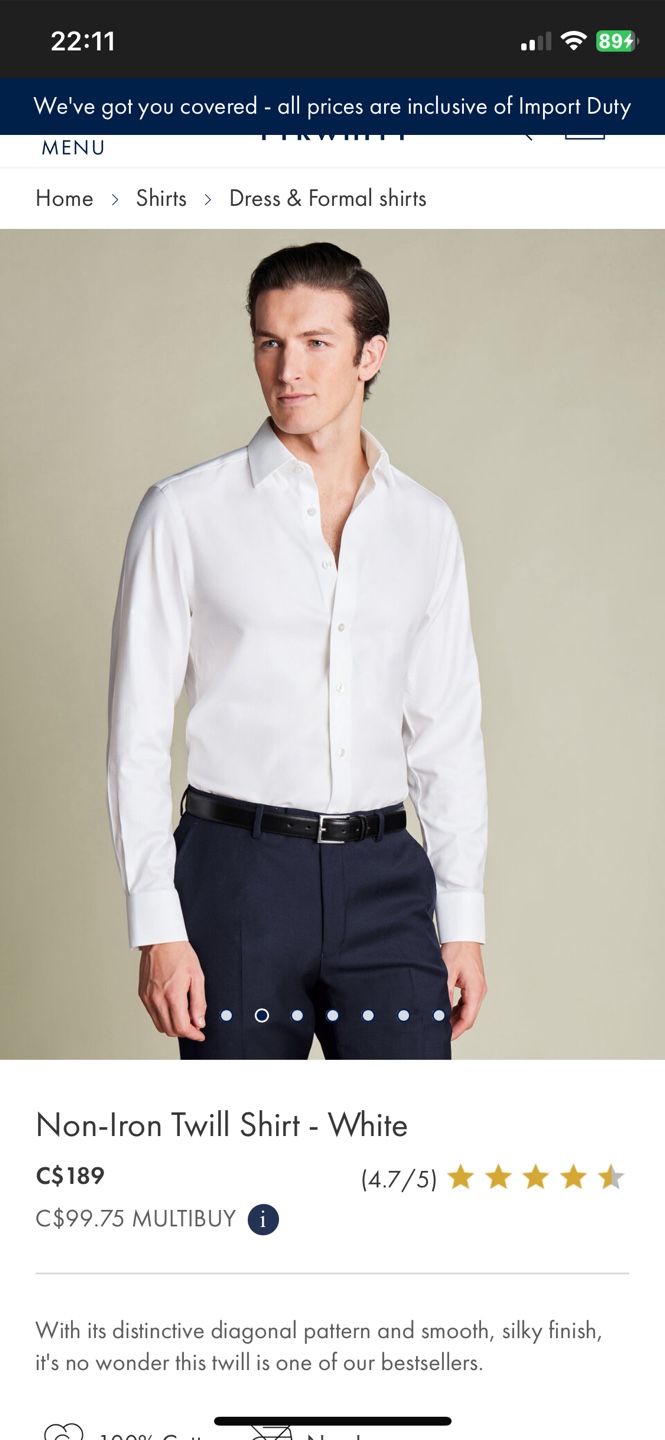 Charles Tyrwhitt White Slim Fit Shirt, 17.5 Collar - photo 4
