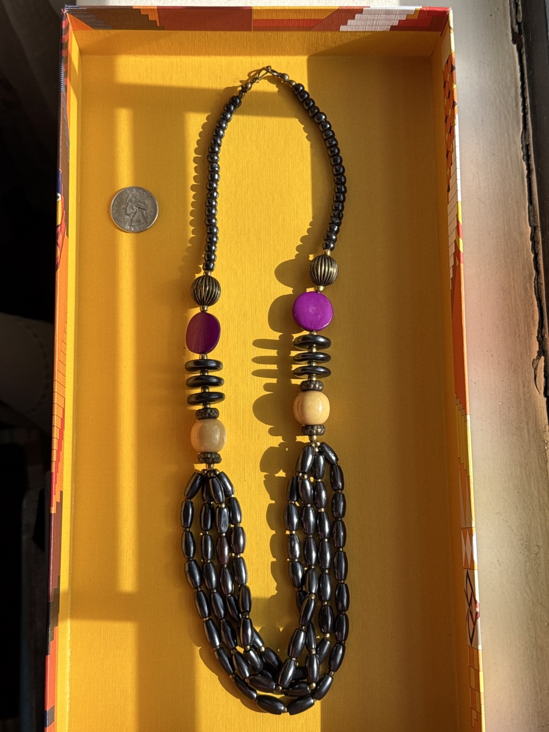 Handmade Beaded Necklace - Black, Purple, Beige