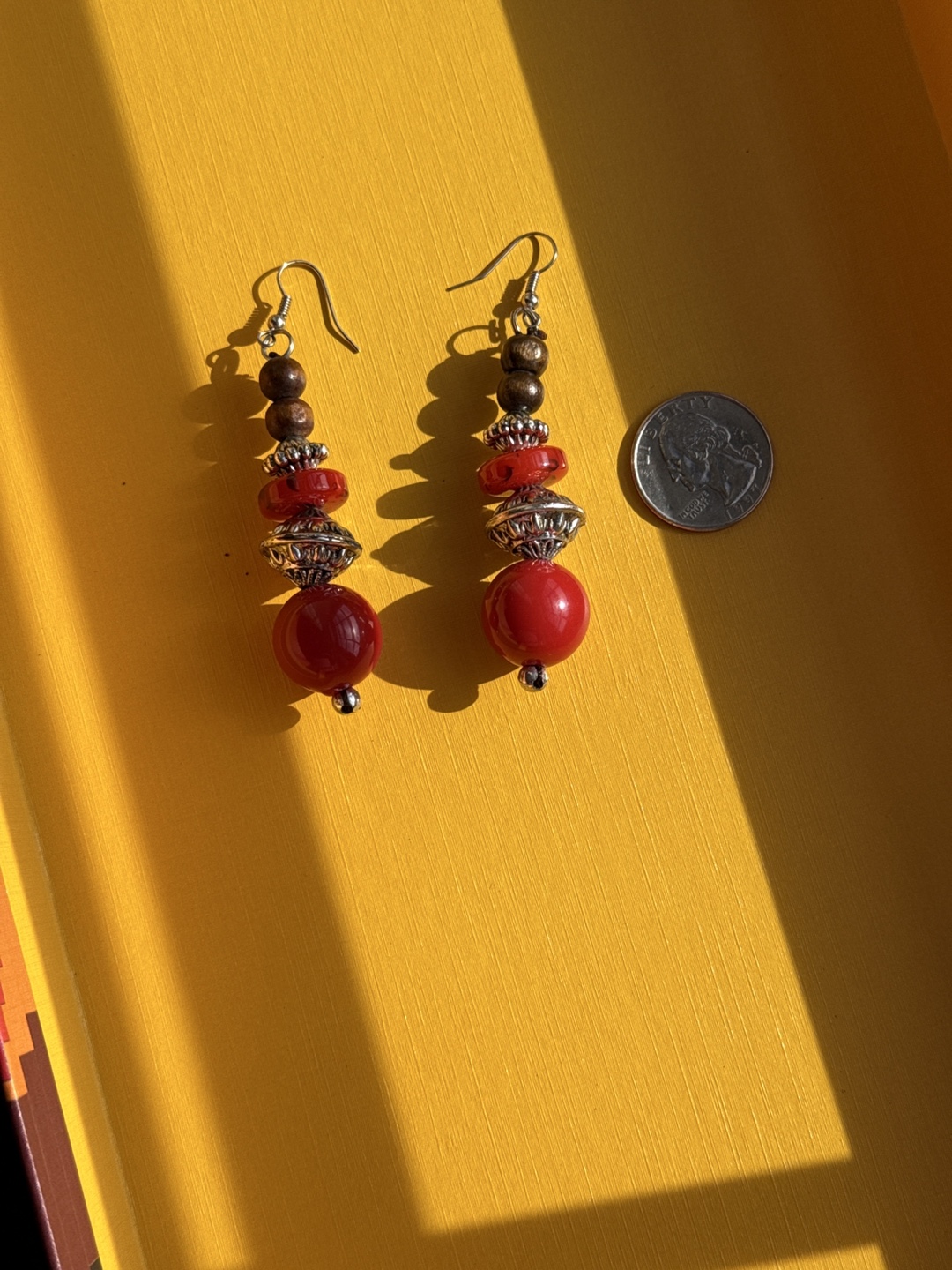 Handmade Red Beaded Dangle Earrings