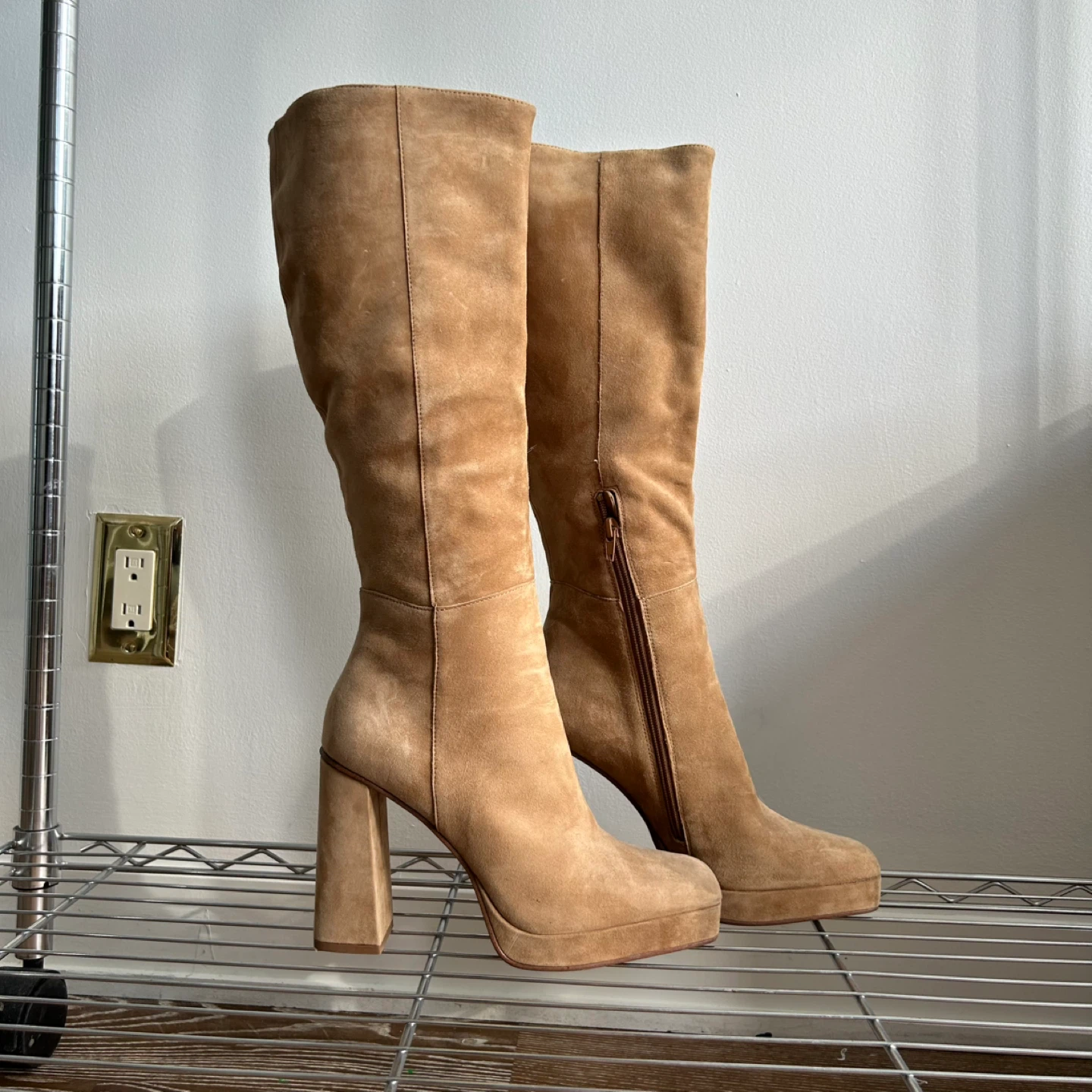 Beige Suede Knee High Platform Boots