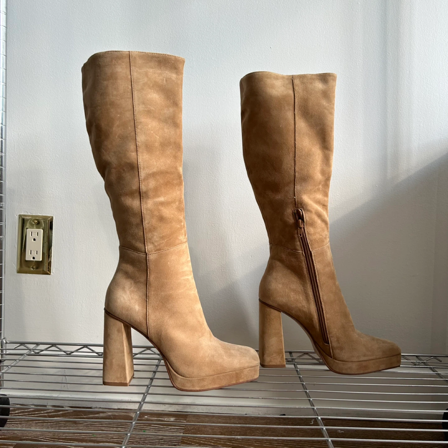 Beige Suede Knee High Platform Boots - photo 5