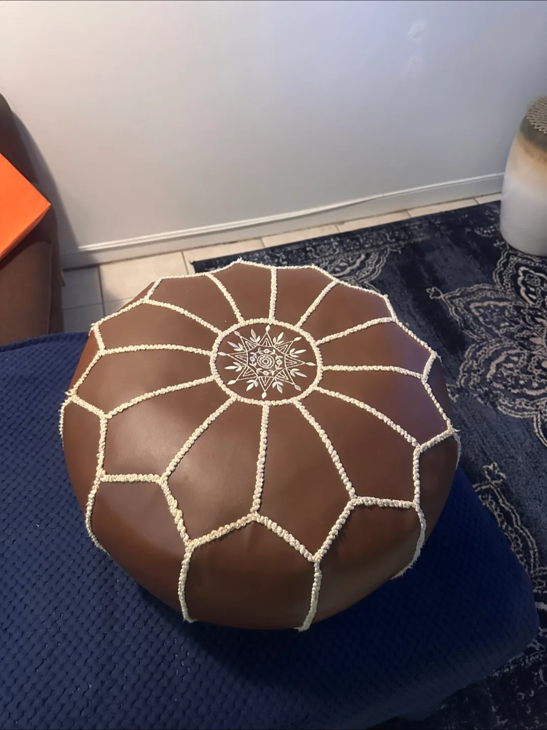 Brown Leather Moroccan Pouf Ottoman