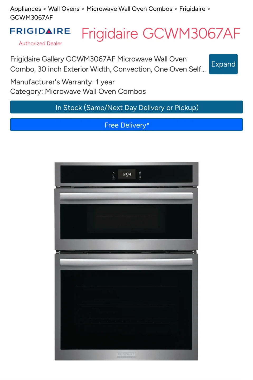 Frigidaire Gallery GCWM3067AF Microwave Wall Oven Combo