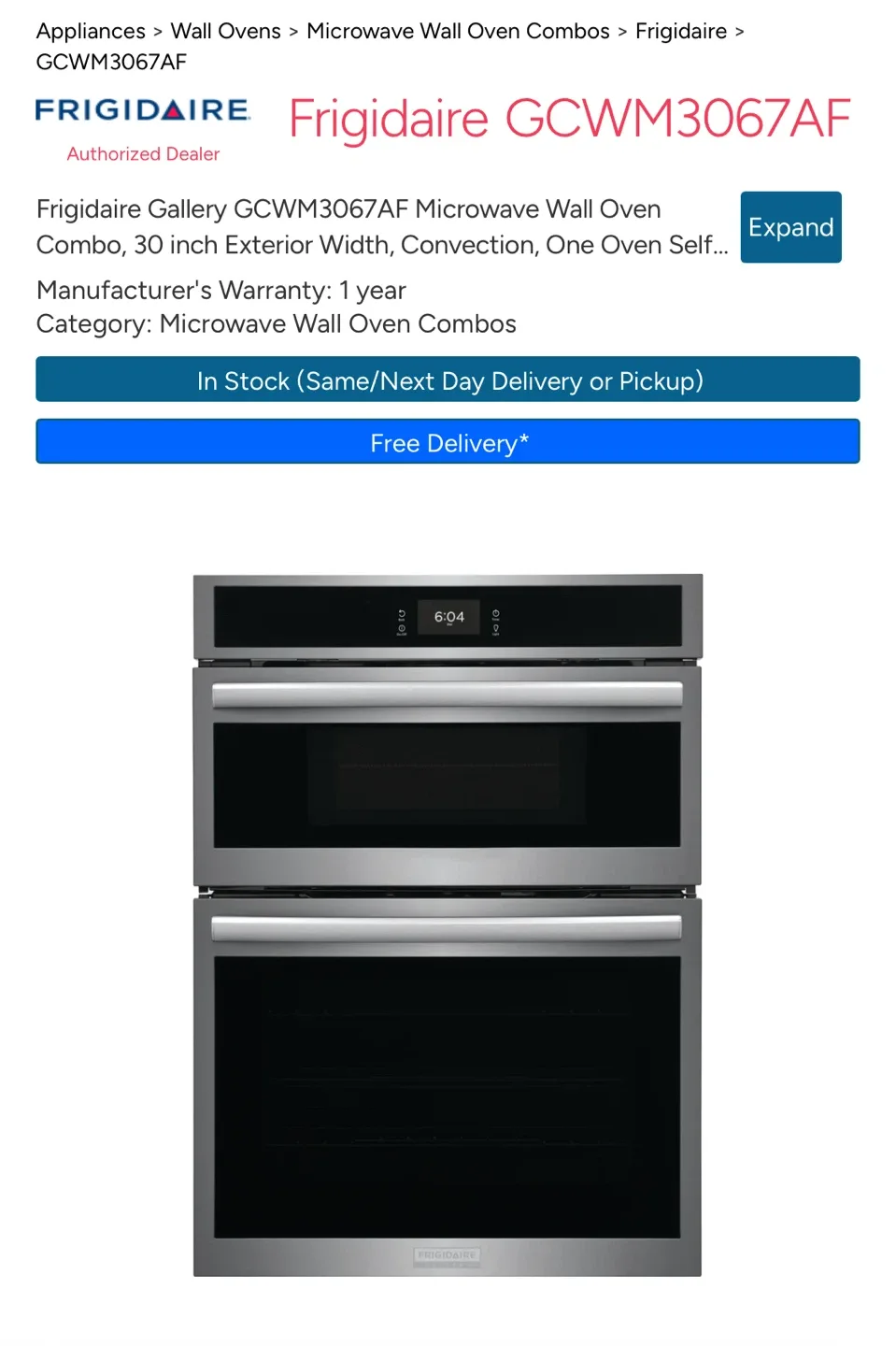 Frigidaire Gallery GCWM3067AF Microwave Wall Oven Combo thumbnail