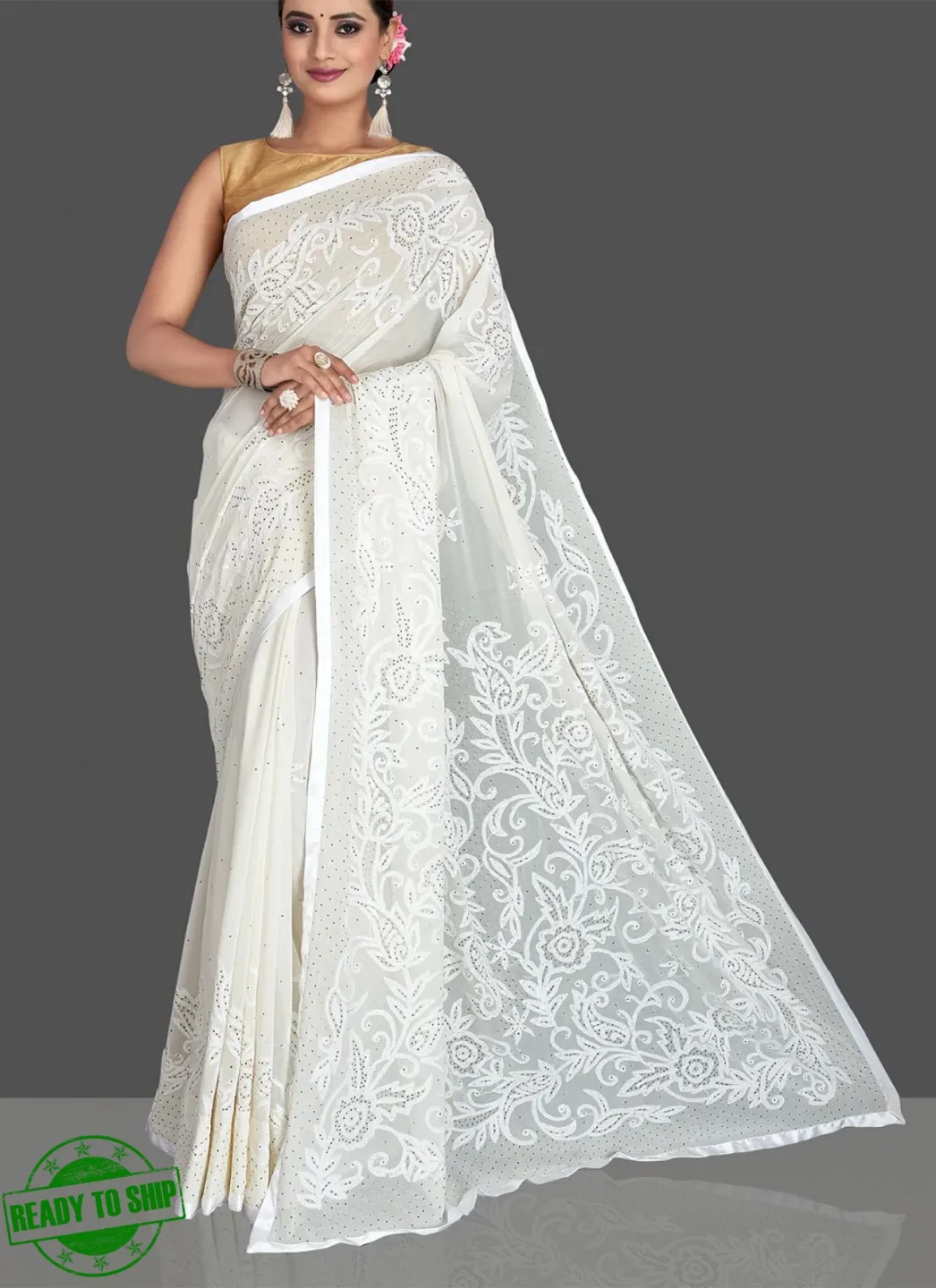 White Embroidered Saree - New thumbnail