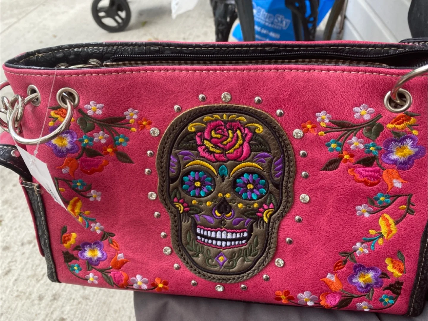 Pikasso Pink Skull Embroidered Handbag thumbnail