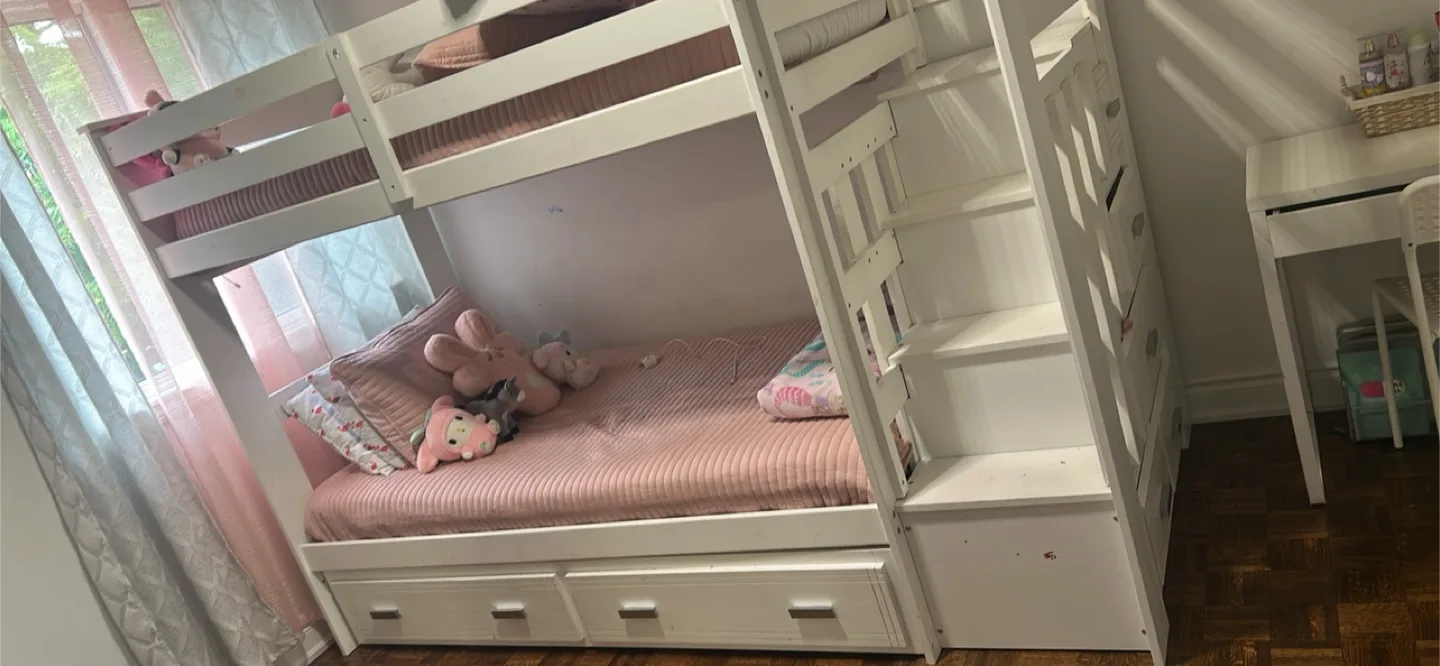 White Wooden Bunk Bed with Drawers thumbnail