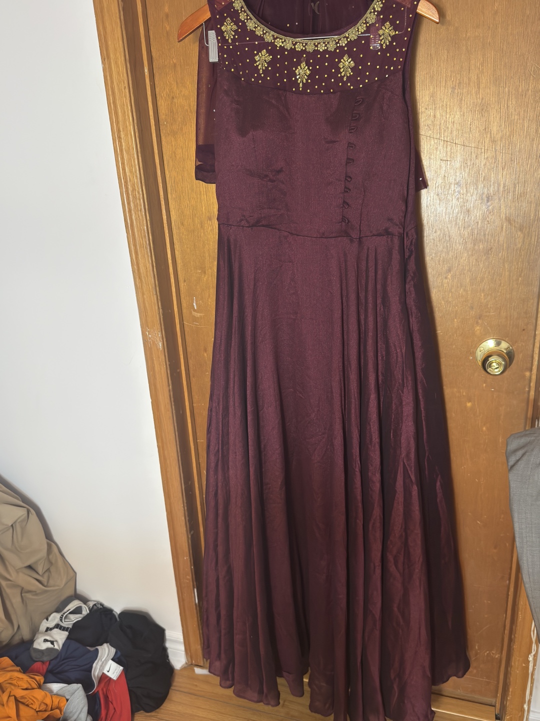 Burgundy Dress with Gold Embroidery