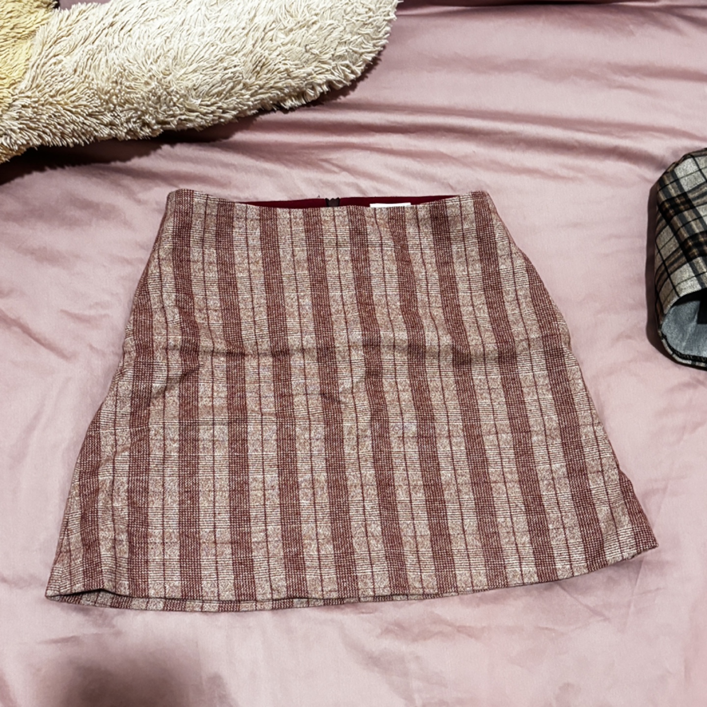 Aritzia Burgendy Brown Plaid Mini Skirt