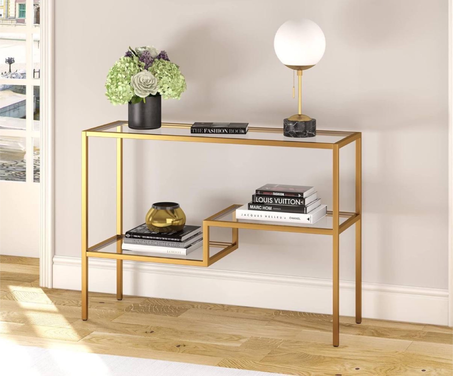 Gold Metal and Glass Console + Tables(3 items) - photo 2
