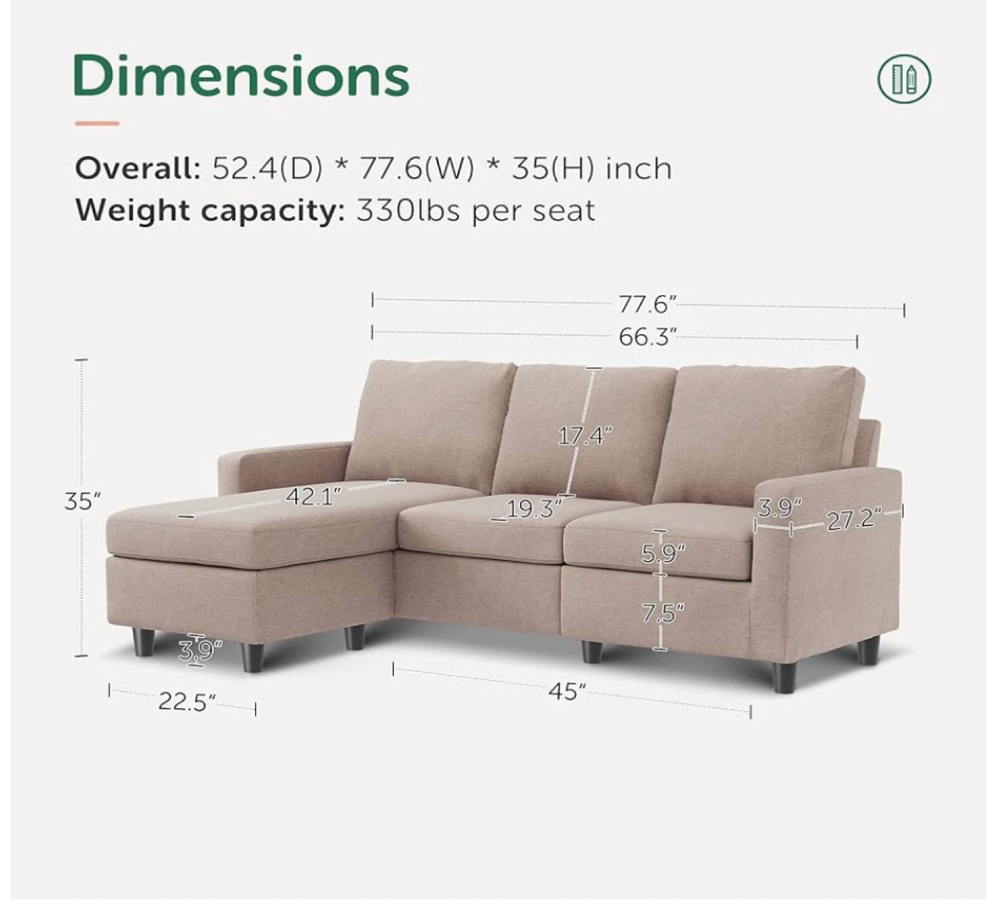 Beige Sectional Sofa - 77.6" Wide - photo 2