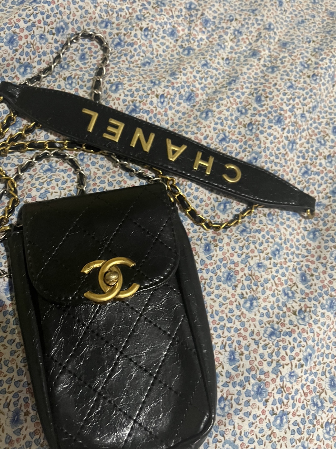 Chanel Black Makeup Bag and smart phone with Chain