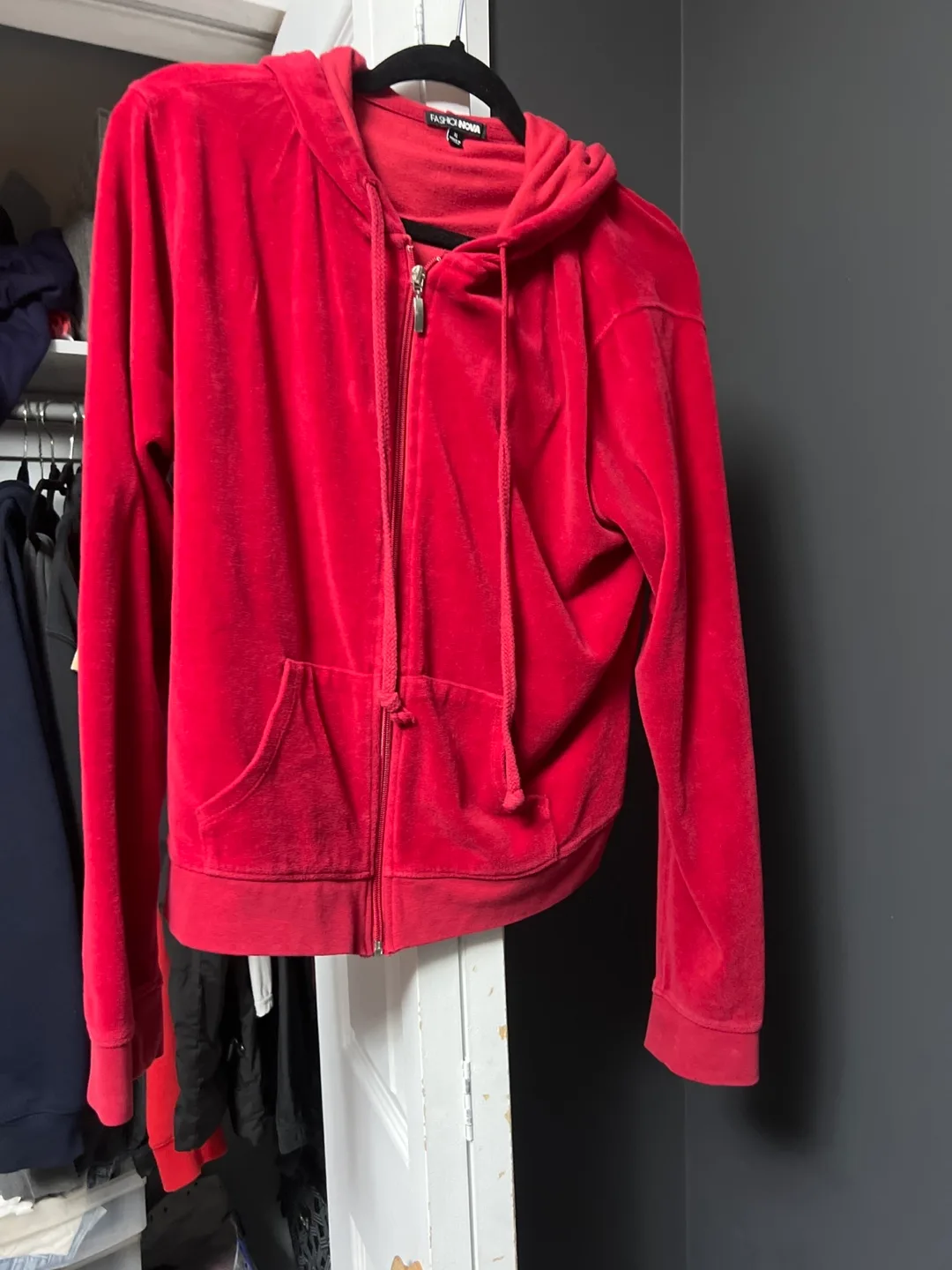 Fashion Nova Red Velour Zip-Up Hoodie - Size L thumbnail