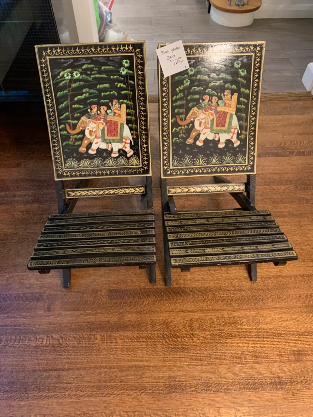 Black Painted Chairs with Elephant Design