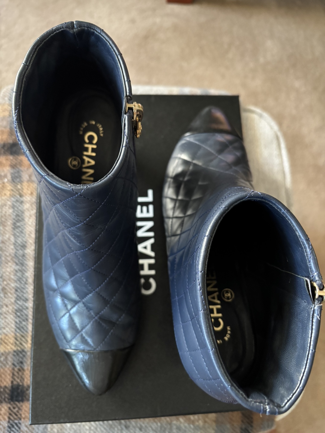 Authentic Chanel Quilted Leather Ankle Boots navy blue