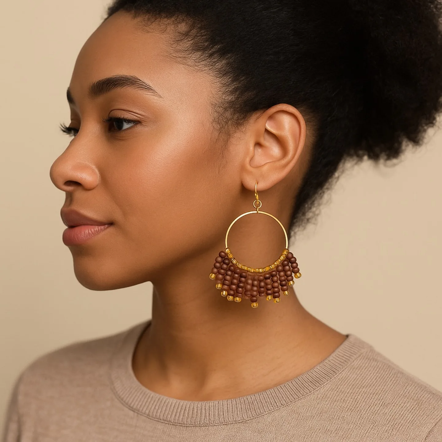 Handmade Beaded Hoop Earrings - Brown & Gold thumbnail