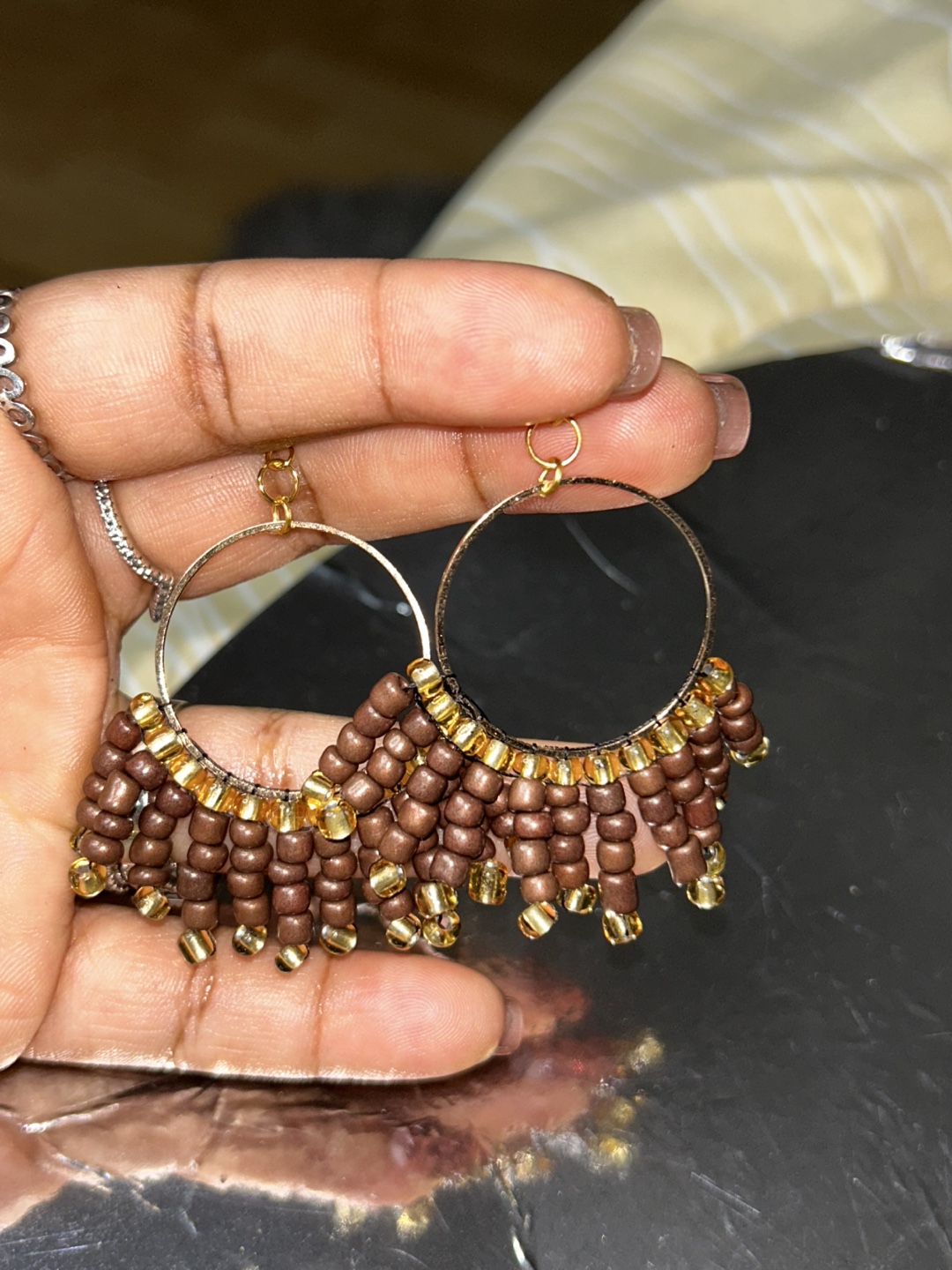 Handmade Beaded Hoop Earrings - Brown & Gold - photo 2
