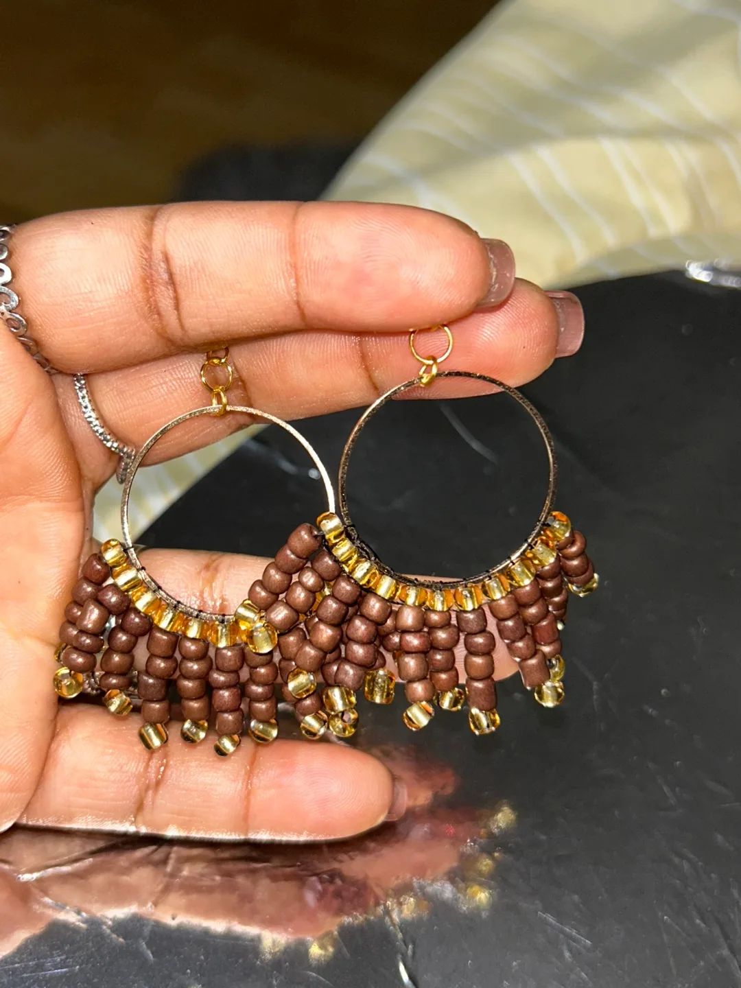 Handmade Beaded Hoop Earrings - Brown & Gold image indicator(2)