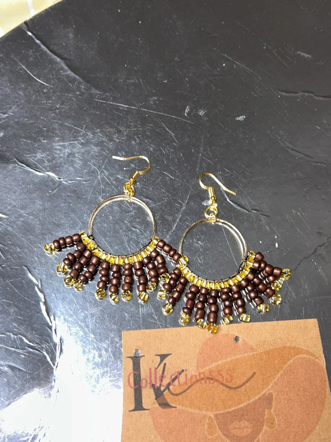 Handmade Beaded Hoop Earrings - Brown & Gold image indicator(3)