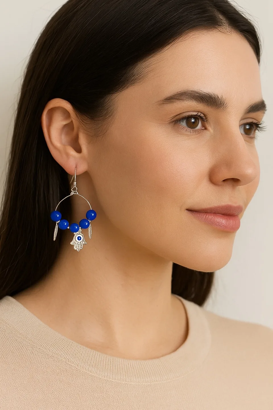 Evil Eye Beaded Earrings - Blue & Silver thumbnail