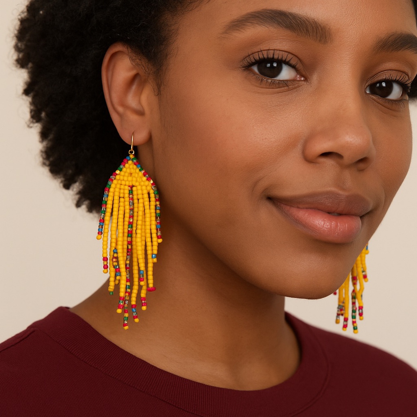 Handmade Beaded Fringe Earrings - Yellow