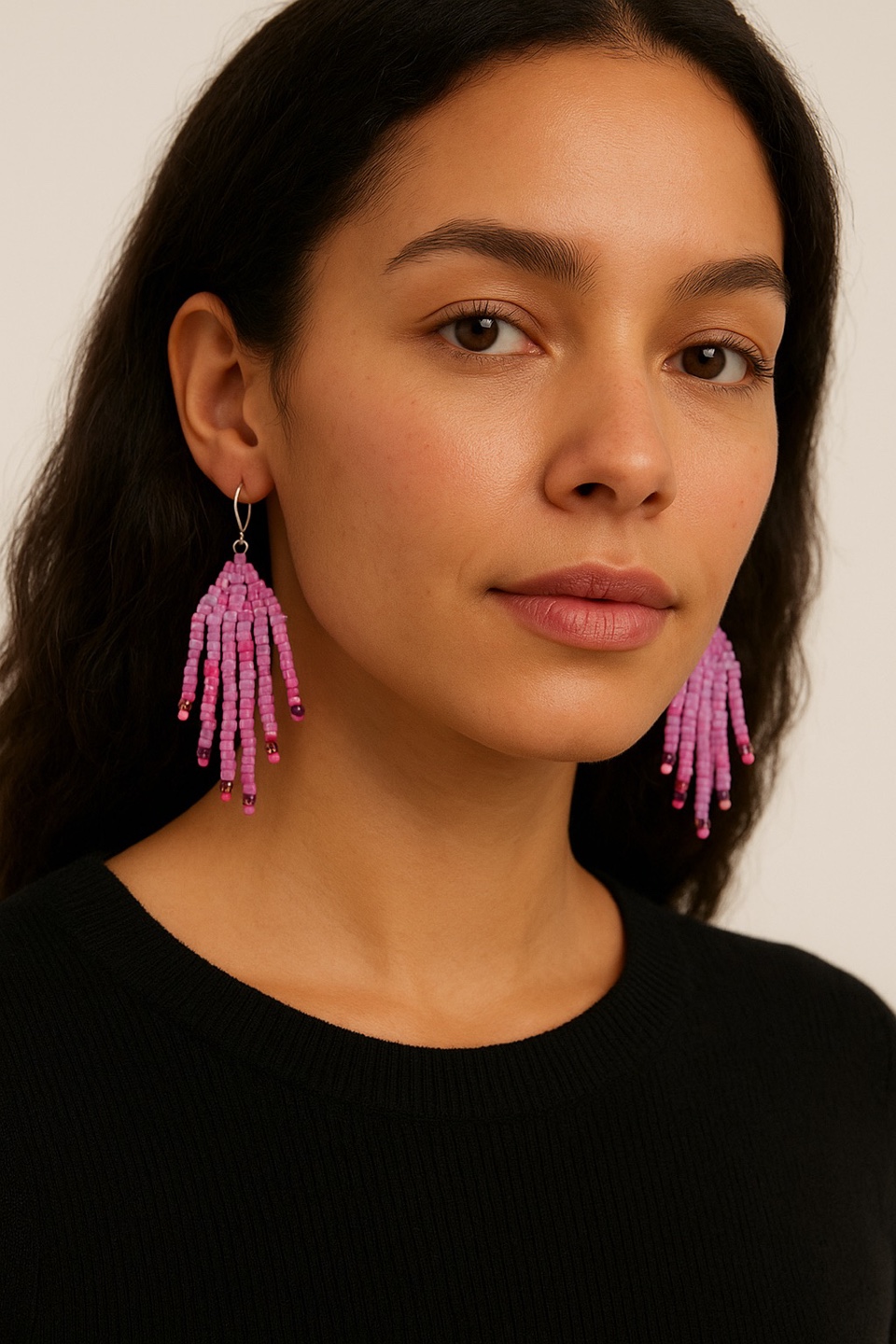 Handmade Beaded Fringe Earrings - Pink