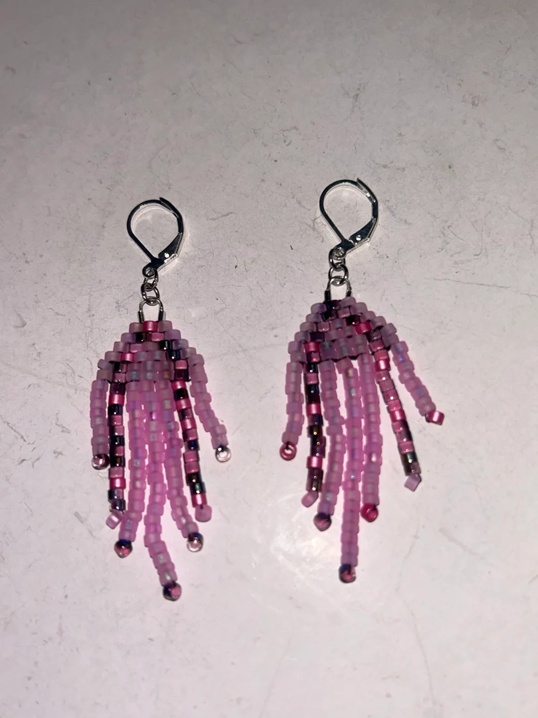 Handmade Beaded Fringe Earrings - Pink image indicator(3)