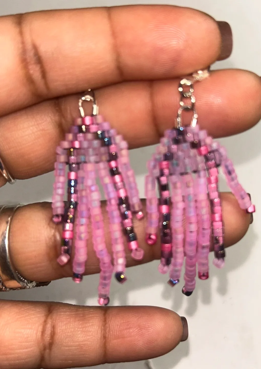 Handmade Beaded Fringe Earrings - Pink image indicator(2)