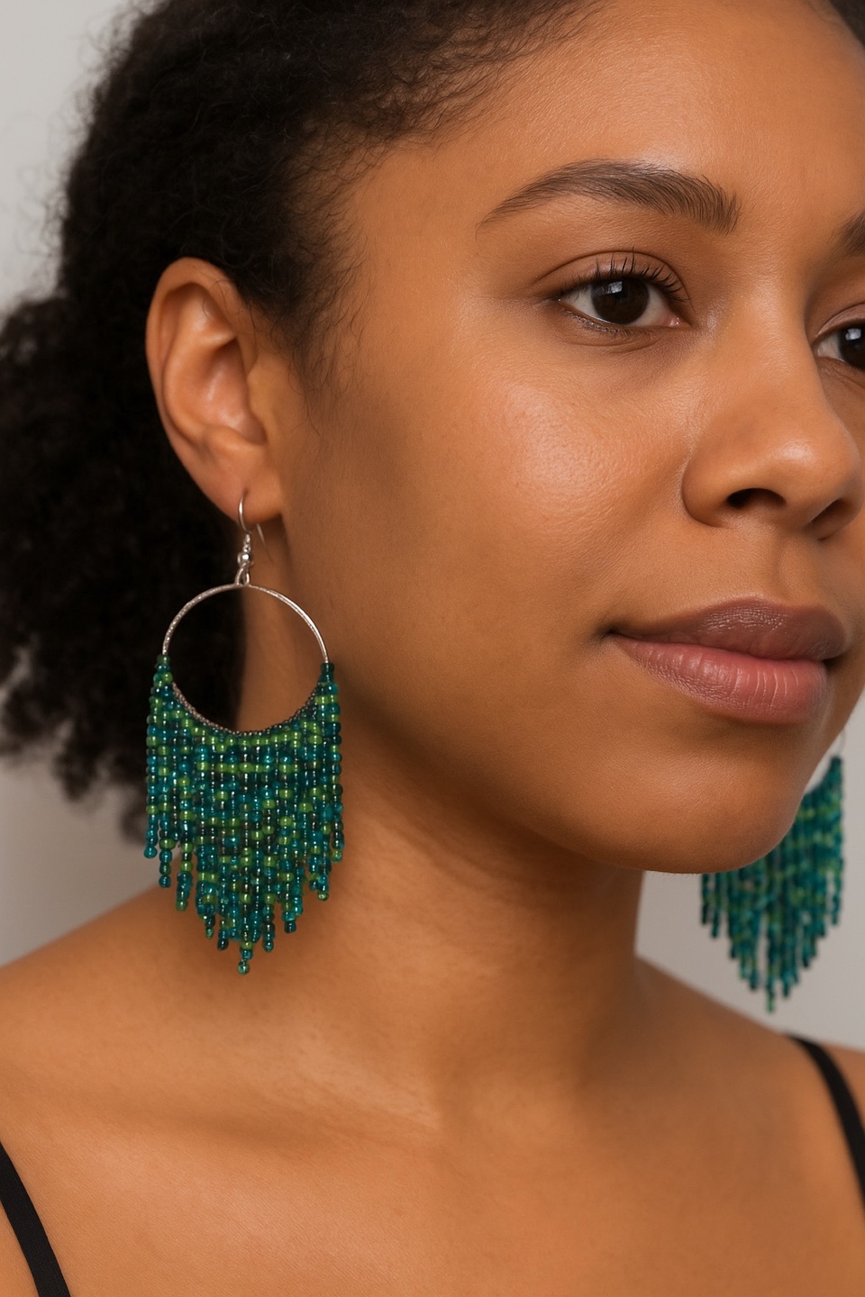 Beaded Fringe Earrings - Green