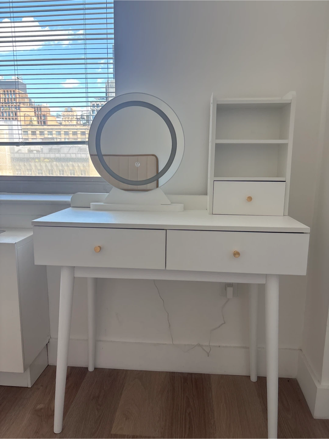 White Vanity Table with Lighted Mirror & Shelf