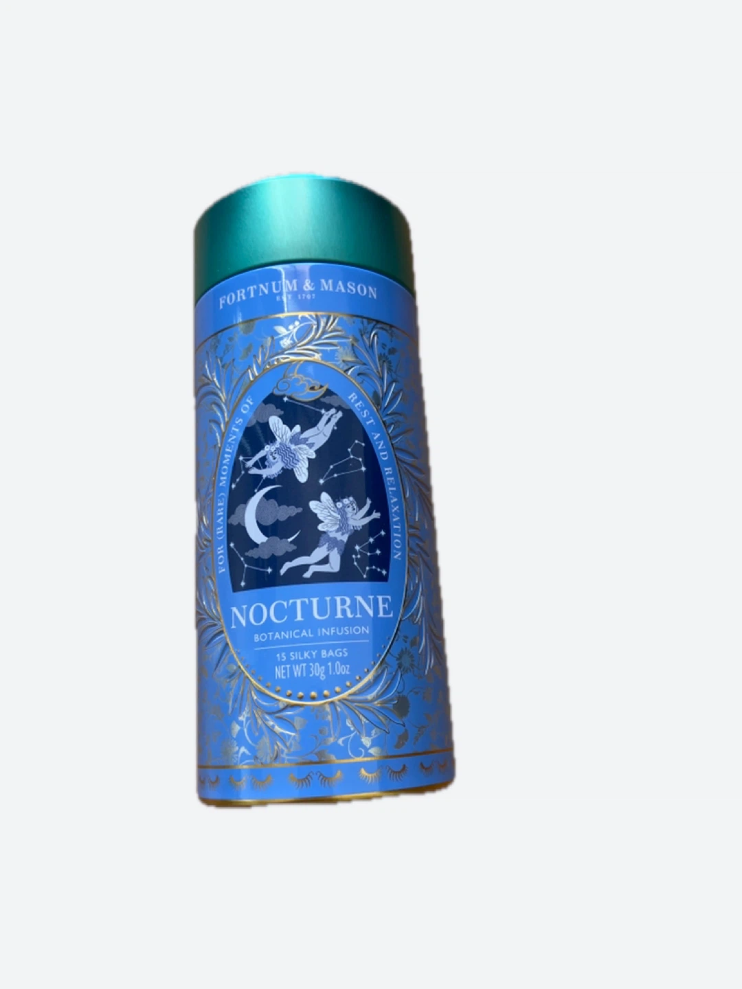 A can of Fortnum & Mason Nocturne Botanical Infusion Tea