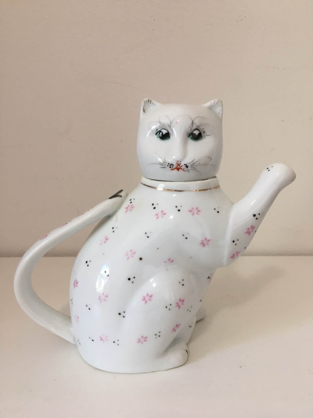 Vintage Cat Teapot - White with Floral Design