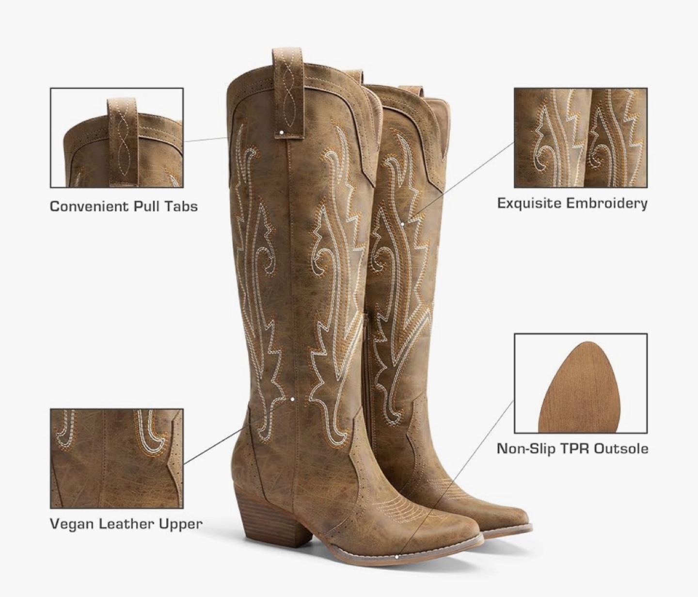 Brown Knee High Cowboy Boots with Embroidery- Size 6.5 - photo 5