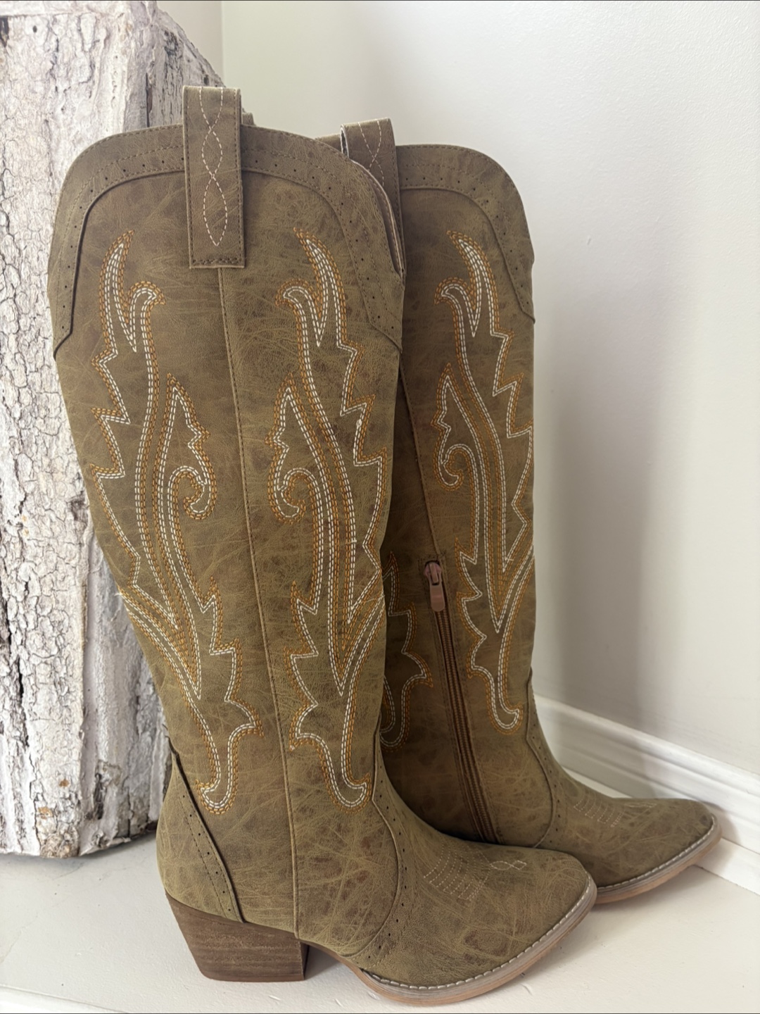 Brown Knee High Cowboy Boots with Embroidery- Size 6.5