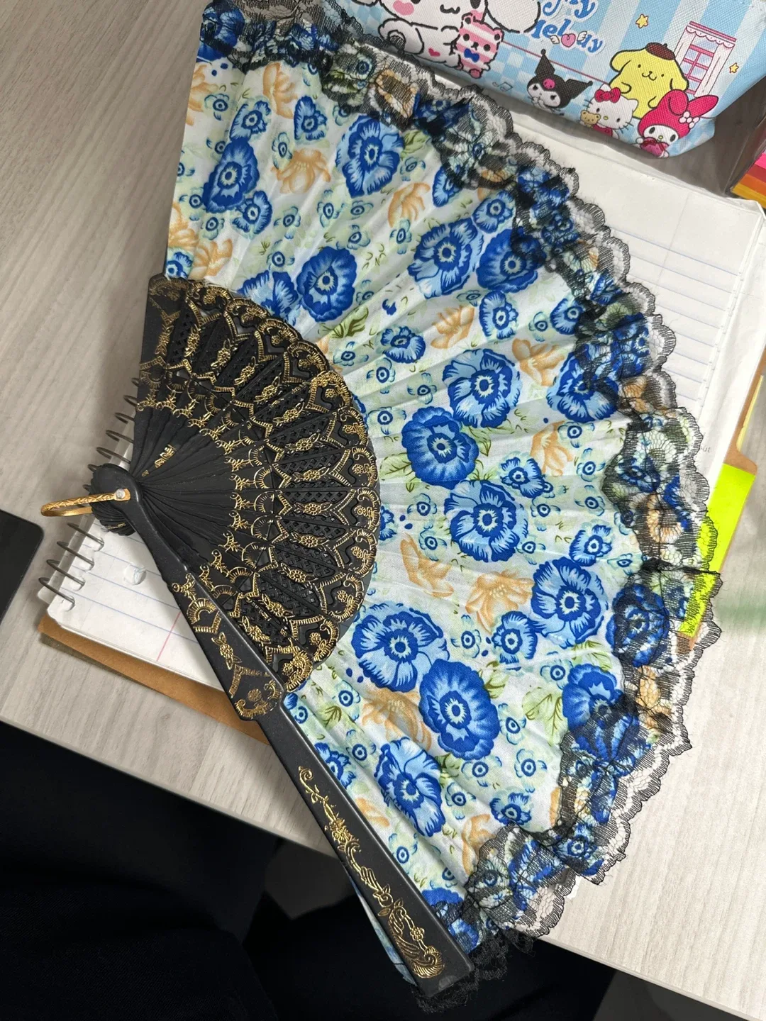 Floral Hand Fan with Lace Trim thumbnail