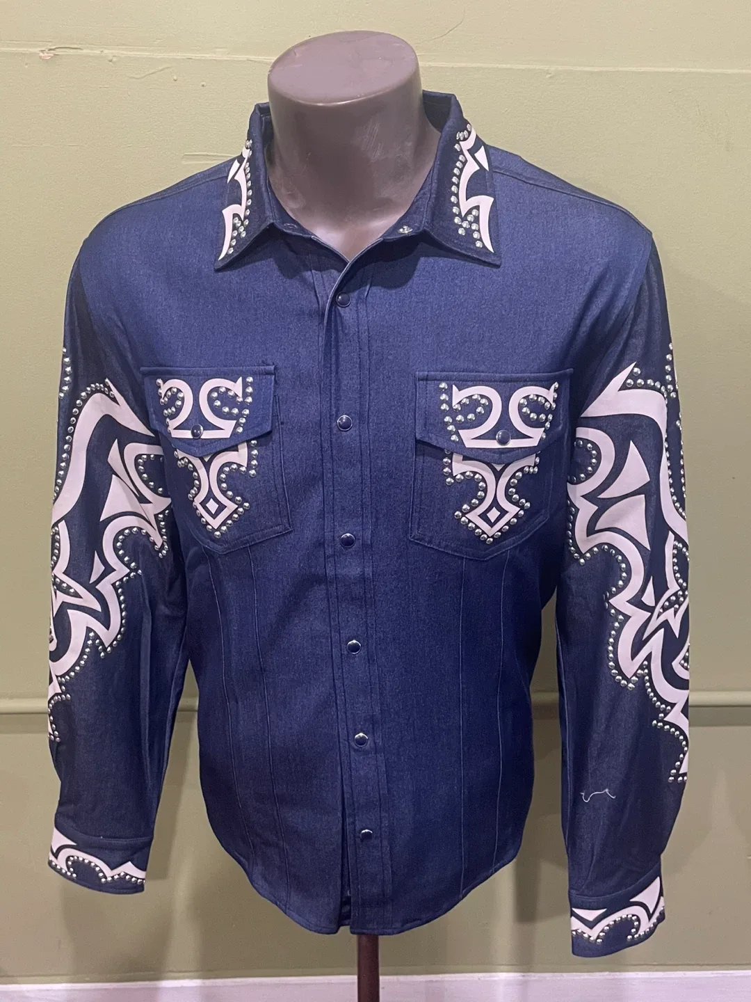 Barabas Denim Shirt with White Embroidery rhinestones thumbnail