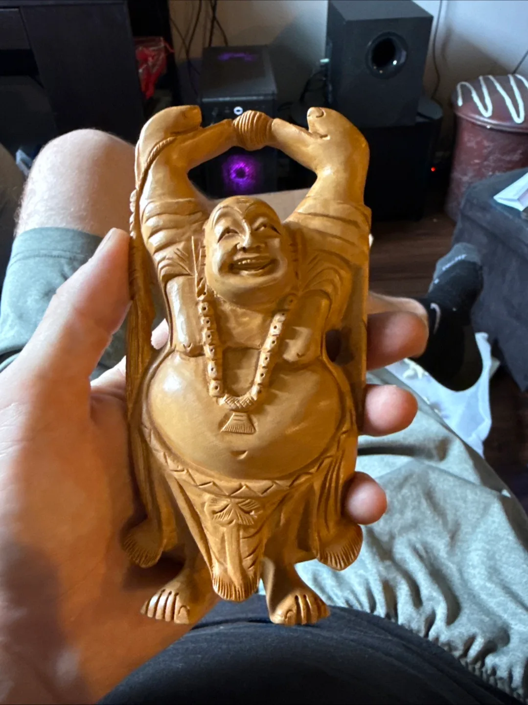 Hand carved Wooden Laughing Buddha Statue