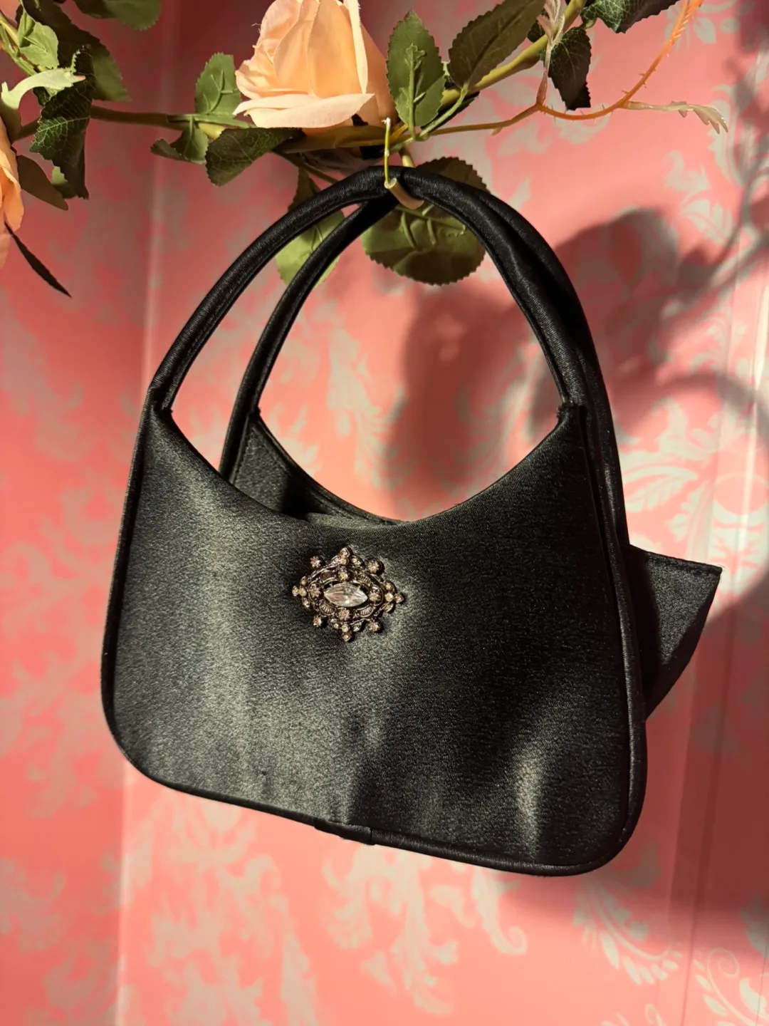 Black Satin Evening Bag with Rhinestone Detail thumbnail