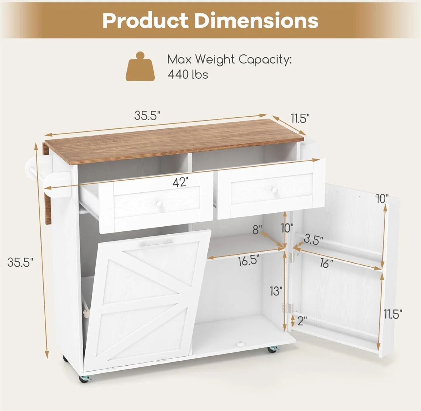 White Kitchen Island Cart with Wood Top image indicator(2)