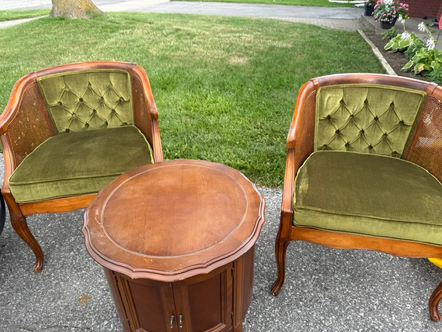 Vintage Green Velvet Chair & Round Wood Table Set thumbnail